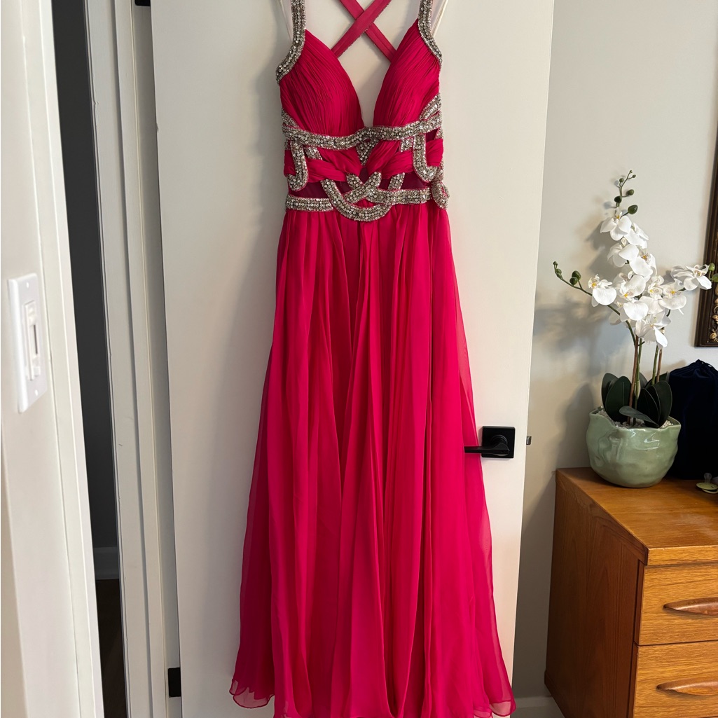 Terani Couture Fuchsia Maxi Dress With Silver Beaded Accents